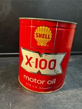 Vintage SHELL X-100 One Gallon Advertising Motor Oil Can (FULL)