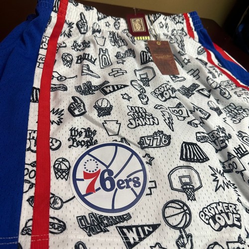 Mitchell & Ness Mens White Philadelphia 76ers NBA Swingman Doodle Shorts 2XL 3XL - Picture 2 of 6
