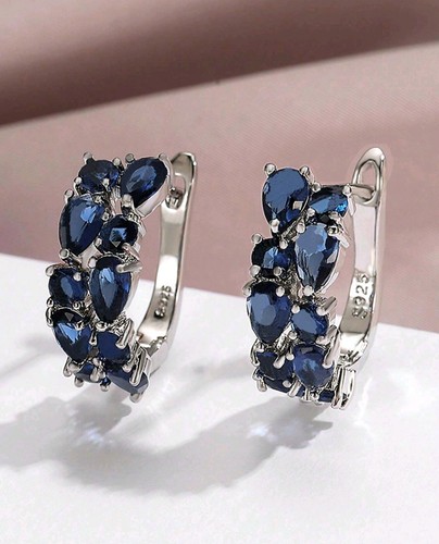 Trachten Silber Cluster Blau Saphir Steine Farbe Creolen Ohrringe Schmuck - Bild 5 von 7