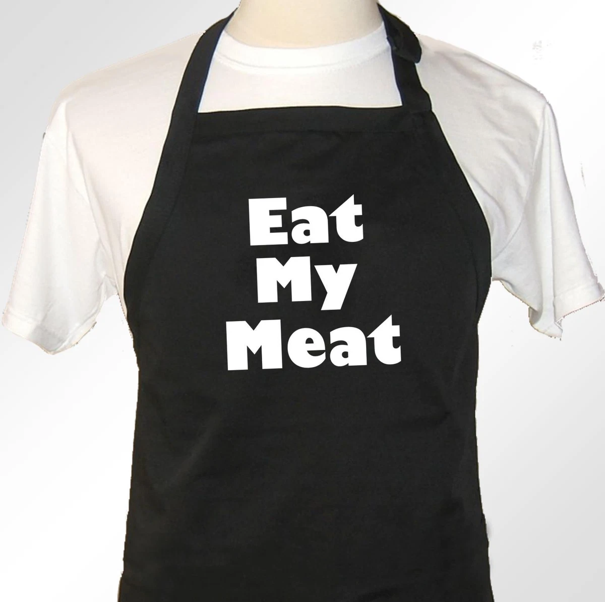 Eat my meat funny novelty rude retro design apron in Black ploy cotton