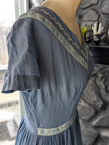 Vtg 50s Patio Dress Fiesta Mexican Blue Cotton Crepe Silver Trim Full Sweep XS/S - Picture 17 of 18