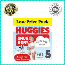 Huggies Snug  Dry Baby Diapers, Size 5 25-37 lbs , Leakproof Daytime, 60 Count