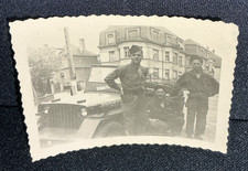 Vintage Snapshot Photo WW2 3 Soldiers Posing Next to Willie Jeep Vehicle House