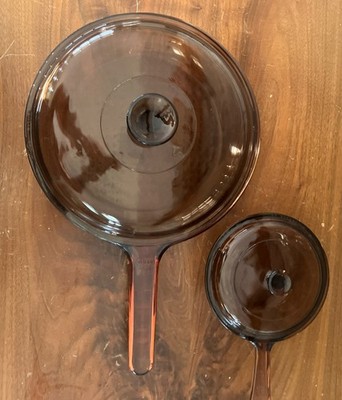Visions Ware Amber Glass Frying Pan / Skillet 10.5 ,  .5L Pot 4pc Set Pyrex Lids