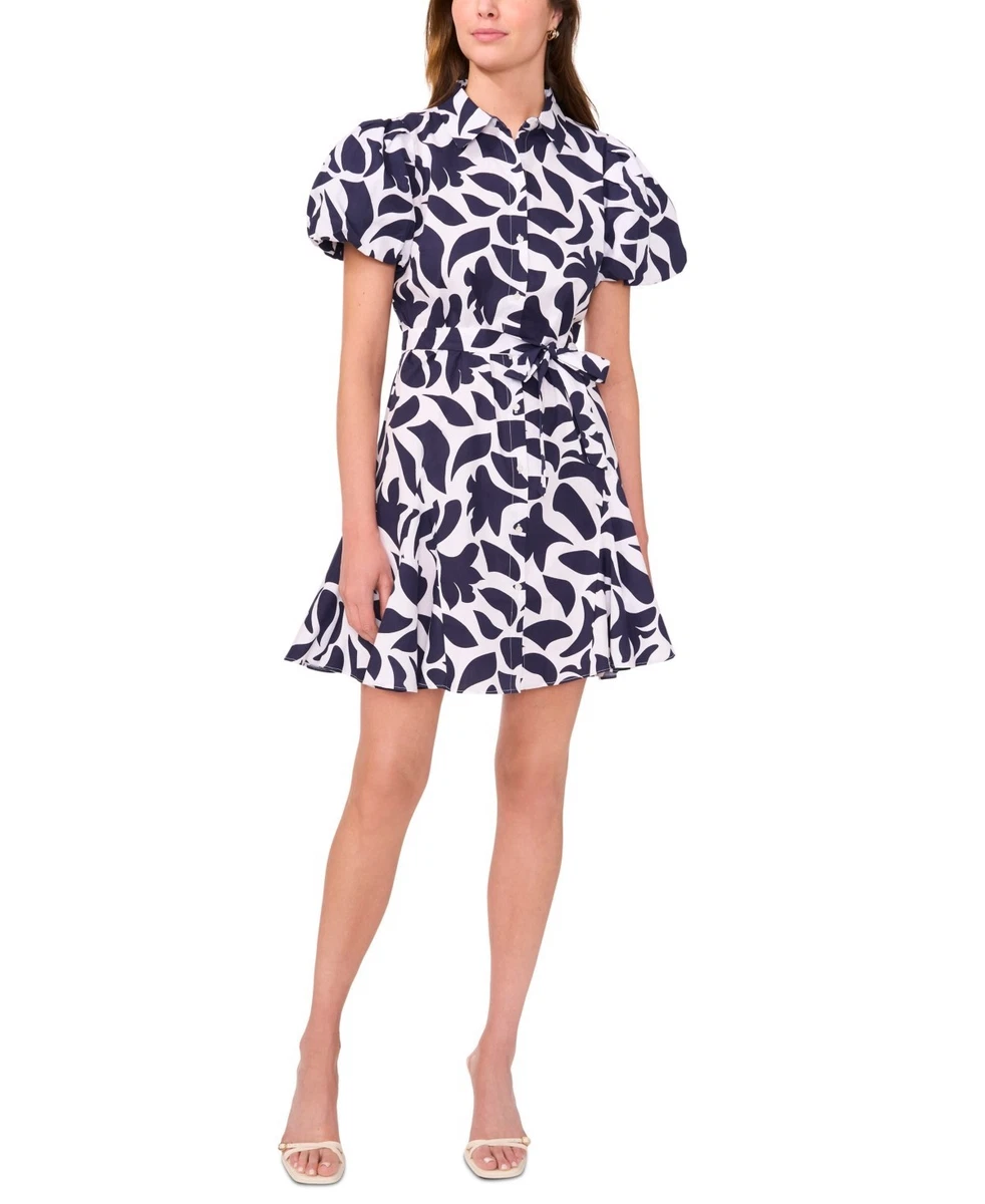 slim fit dress slacks Storia Blue Floral Puff Sleeve Midi Dress Medium