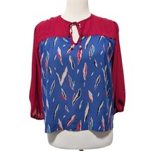 Vintage Diane Fries Womens Sz S/M Blue Red MIxed Print Balloon Sleeve Blouse Top