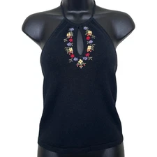 Vintage Embroidered Floral Halter Top Keyhole Black Knit M Y2K Boho Chic Whimsy