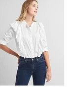 Gap White Ruffle Eyelet Cascade Button Front Top Shirt #908400 NWT! L PL Petite