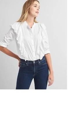 Gap White Ruffle Eyelet Cascade Button Front Top Shirt #908400 NWT! L PL Petite