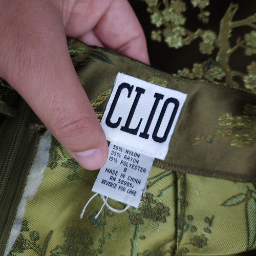 Vintage Clio Skirt Womens 8 Green Embroidered Satin Midi Oriental Fringe 90s Y2K - Picture 9 of 13