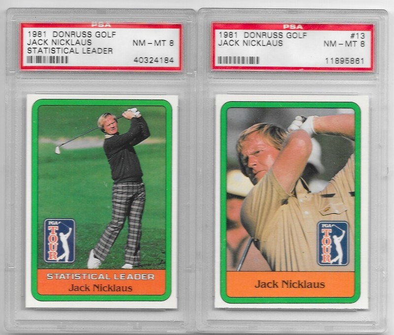 1981 DONRUSS GOLF JACK NICKLAUS RC #13 AND STAT LEADER BOTH CARDS PSA 8 NM/MT