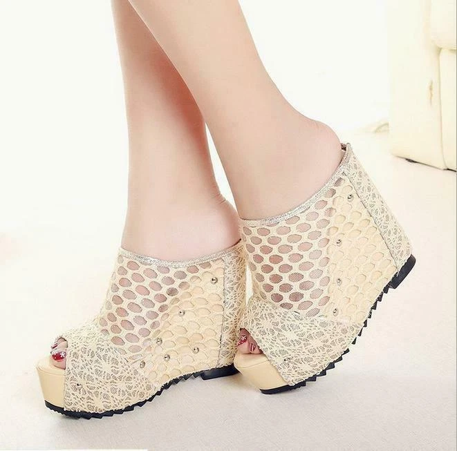 Womens Peep Toe Mesh Hollow Out Slippers Platform Wedge Heel