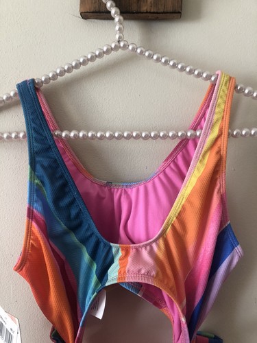 NWT Hobie Girls Size 14 Multicolored Stripe Swimsuit One Piece Tie Side Cutout - Picture 5 of 8