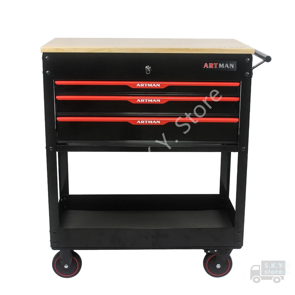 Механика тележка для инструментов, 3 ящика стальной шкаф для хранения с колесами, деревянный верх красный - Изображение 3 из 4