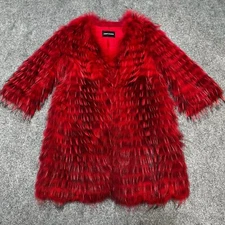NEW Amazing Jacket Womens Medium Red Raccoon Fur 3/4 Sleeve Pockets Made Korea