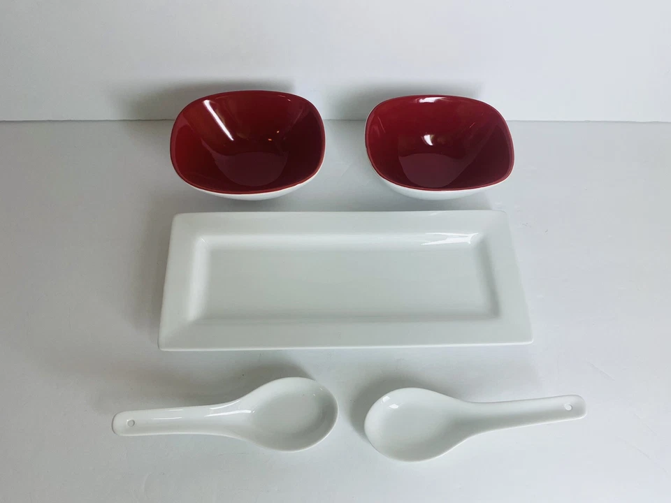 Pier 1 Imports Soup Set Of 2 Bowls Asian Spoons Tasting Party Plate Red White - Image 4 of 4