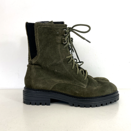 M&S Collection Green Suede Side Zip Lace Up Boots Size 4.5 Wide Fit