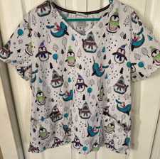 Srubstar Women's Christmas Print V-neck Scrub Top Size 2XL Penquin Norwahl Print