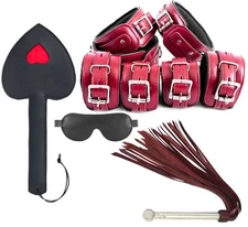 Bad Boy Bondage Restraint Set for Couple Maroon BDSM Flogger Blind Fold