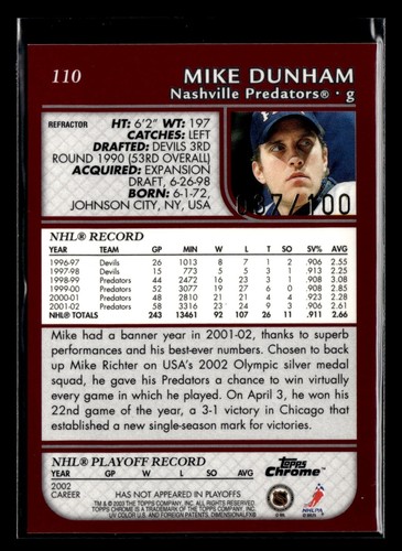 2002 Topps Chrome Black Refractor #110 Mike Dunham 037/100 Predators - Picture 2 of 2
