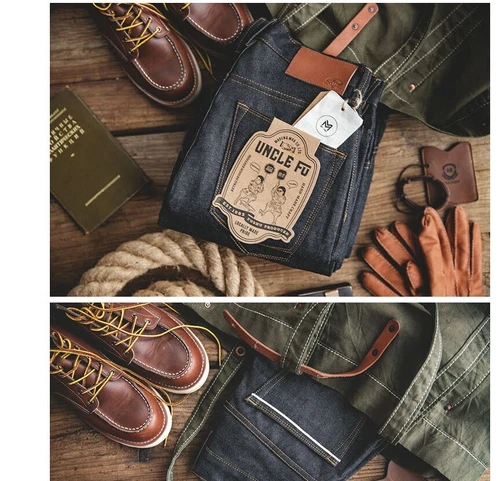 Hot Men's Vintage Straight Dark Selvedge Jeans Slim Fit Jeans Casual Denim Pants - Picture 8 of 19