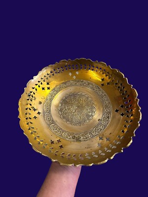 Old Anglo Indian Brass Pedestal Chased Pierced  Dish Bowl Decor