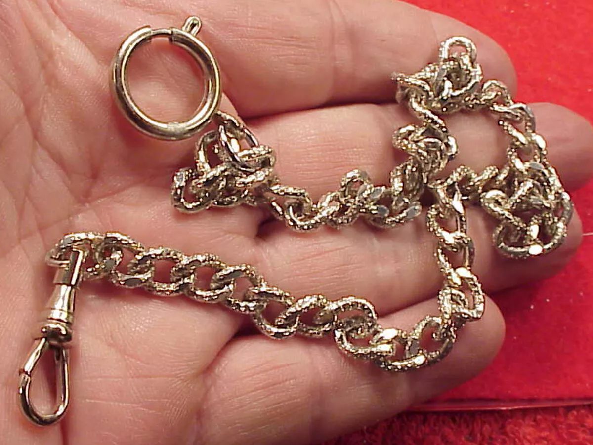 Vintage Fancy Chrome PLated Knurled Curb Link Mans Pocket Watch Chain 15 inch