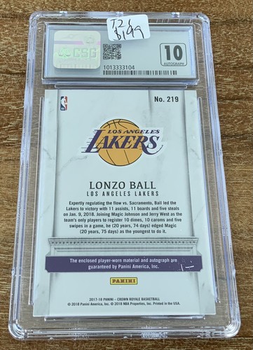 2017-18 Lonzo Ball Crown Royale Rookie Silhouettes /199 CSG 8.5 Auto 10 T21 - Bild 2 von 2