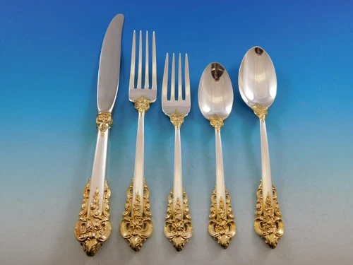 Grande Baroque Gold Accent by Wallace Sterling Silver Flatware for 8 Set 45 pcs