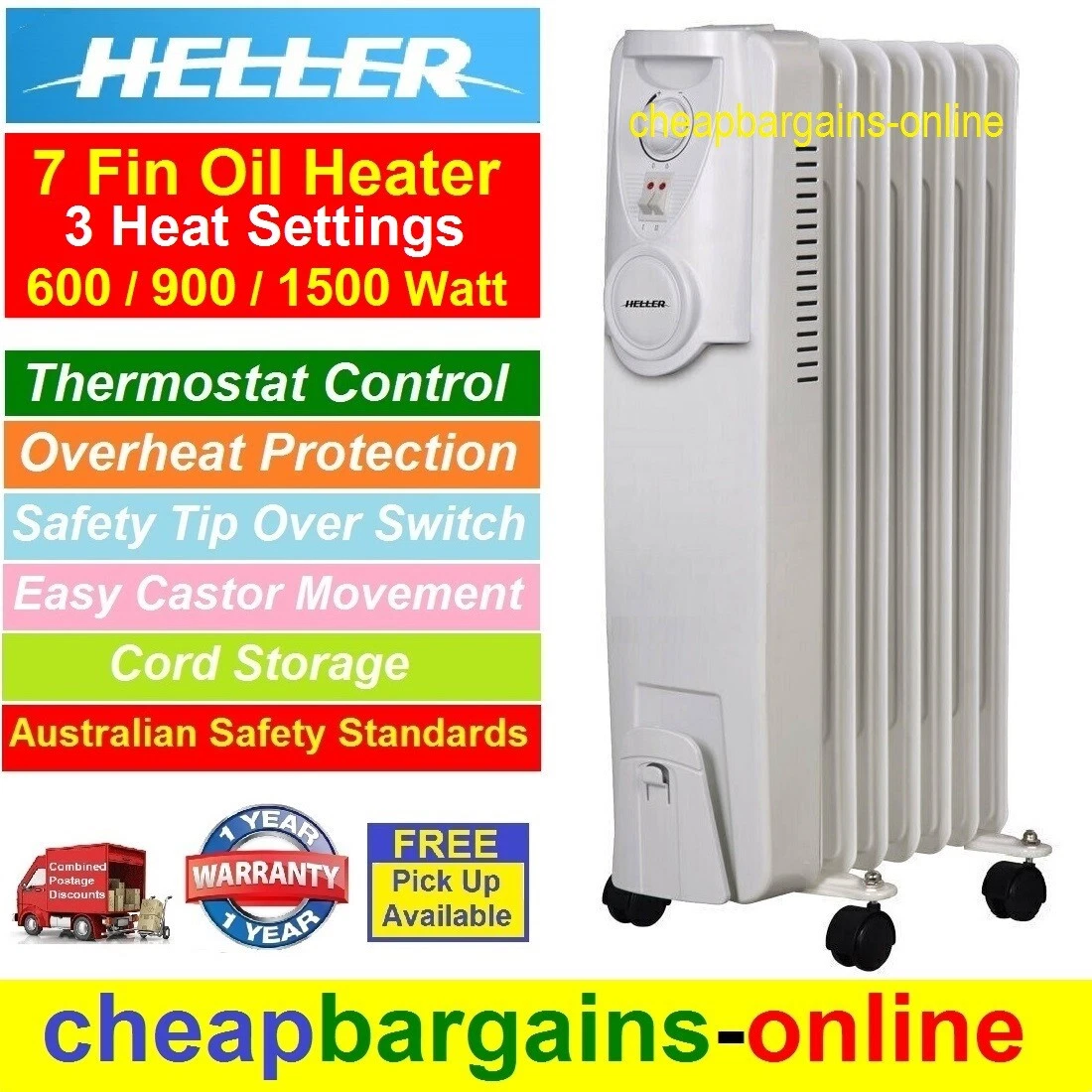 7 FIN ELECTRIC OIL HEATER HELLER PORTABLE 1500W 3 HEAT SETTINGS THERMOSTAT  WHITE | eBay