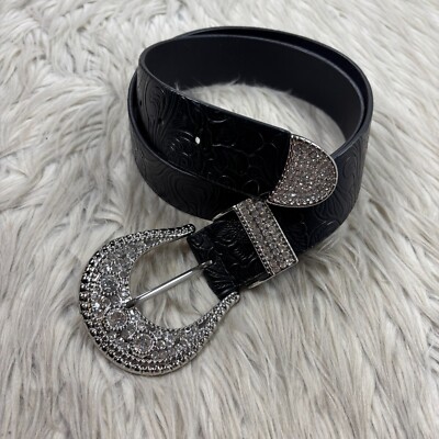 Chico's Women's M Black Floral Embossed Faux Leather Belt Rhinestone Buckle 