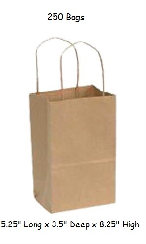 Paper Shopping Bags 250 Kraft Gift Merchandise 5 1/4" x 3 1/2" x 8 1/4" Recycled