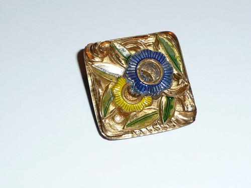 Maravillosa Flor Vintage Checa Cuadrada Vidrio Vástago Botón Dorado y Multi Clr 1-1/4" - Imagen 3 de 7