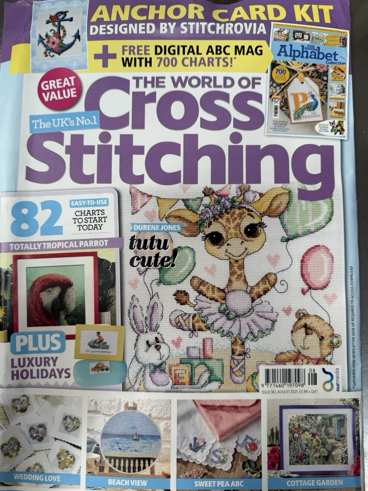 The World of Cross Stitching magazine August '25 +Anchor Card Kit by Stitchrovia