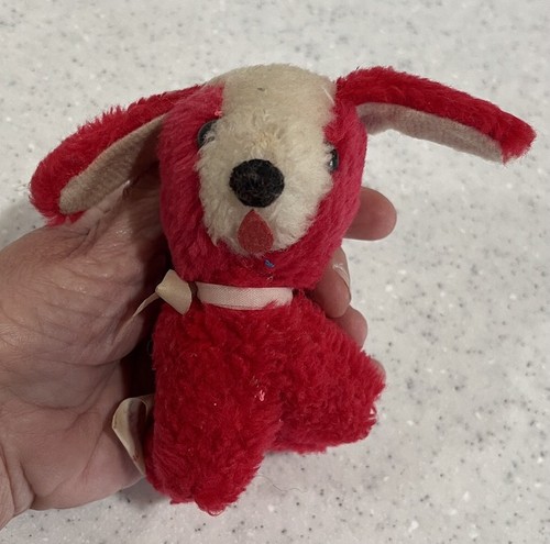 Vintage Fun World rot & weiß Mini 4,5 Zoll Stofftier Welpe Hund Tier Made Korea MCM - Bild 1 von 7