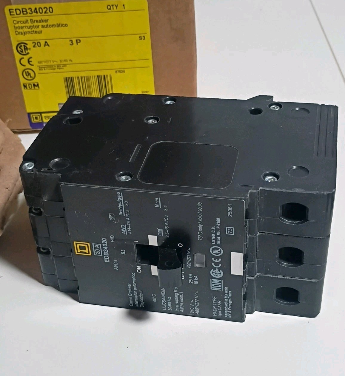 Square D EDB34020 Circuit Breaker 20 Amp 3 Pole