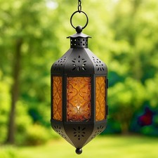 Vela Lanterns 11.5" Hanging Moroccan Decorative Candle Lantern Amber Orange
