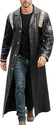 Mens Native American Western Cowboy Fringe Genuine Leather Trench Coats