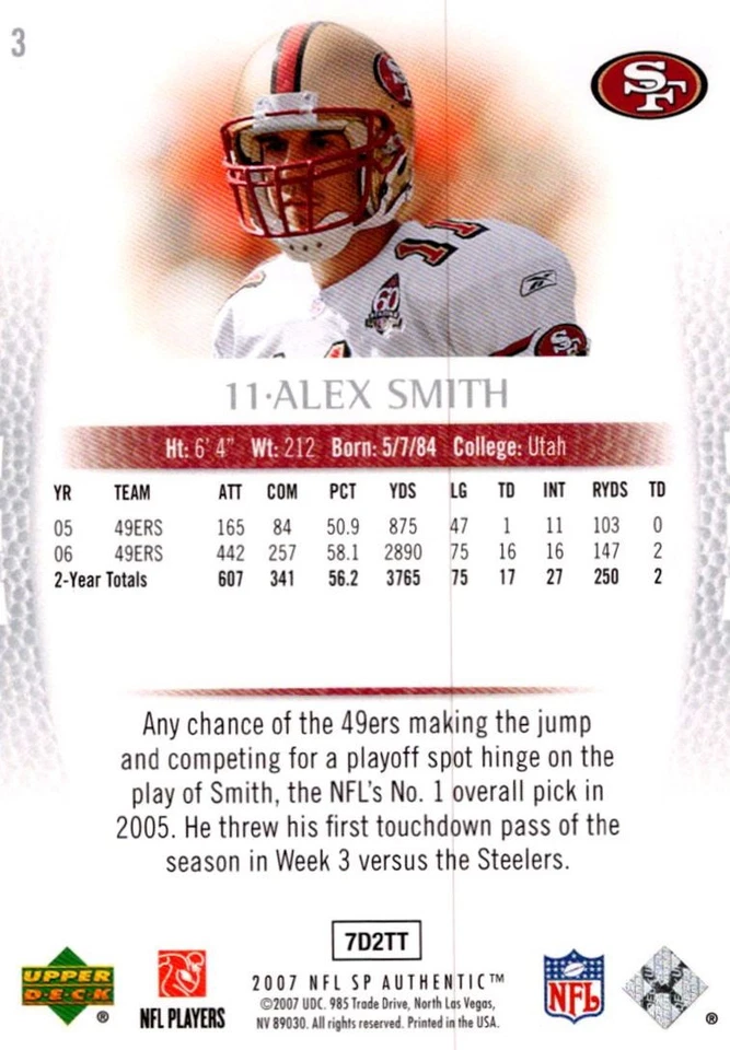 2007 SP Authentic Alex Smith San Francisco 49ers #3 - Image 2 of 2