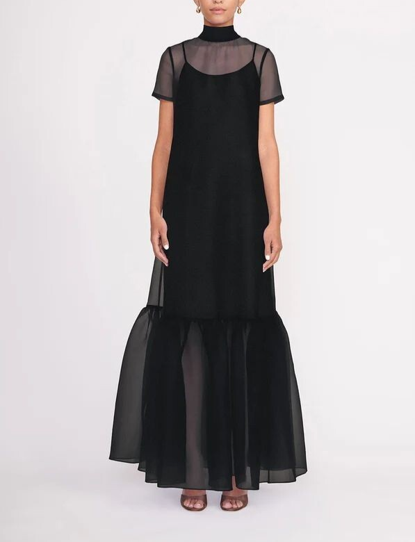 Sheer Black High Neck Organza Dress with Ruffle Hem Wedding Evening Formal Dress