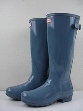 Women's sz 7 M Hunter Original Back Adjust Gloss Boots Blue Knee High Waterproof