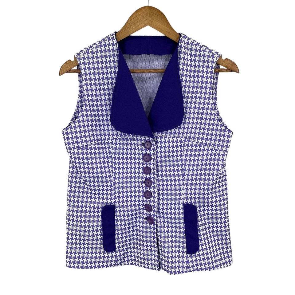 Vintage Houndstooth Vest Women Size M Artsy Retro Rare Preppy Purple Button - Image 3 of 4