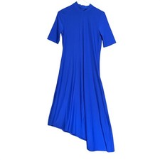 Calvin Klein Asymmetric Midi Dress Medium Cobalt Blue Mock Neck Short Sleeve