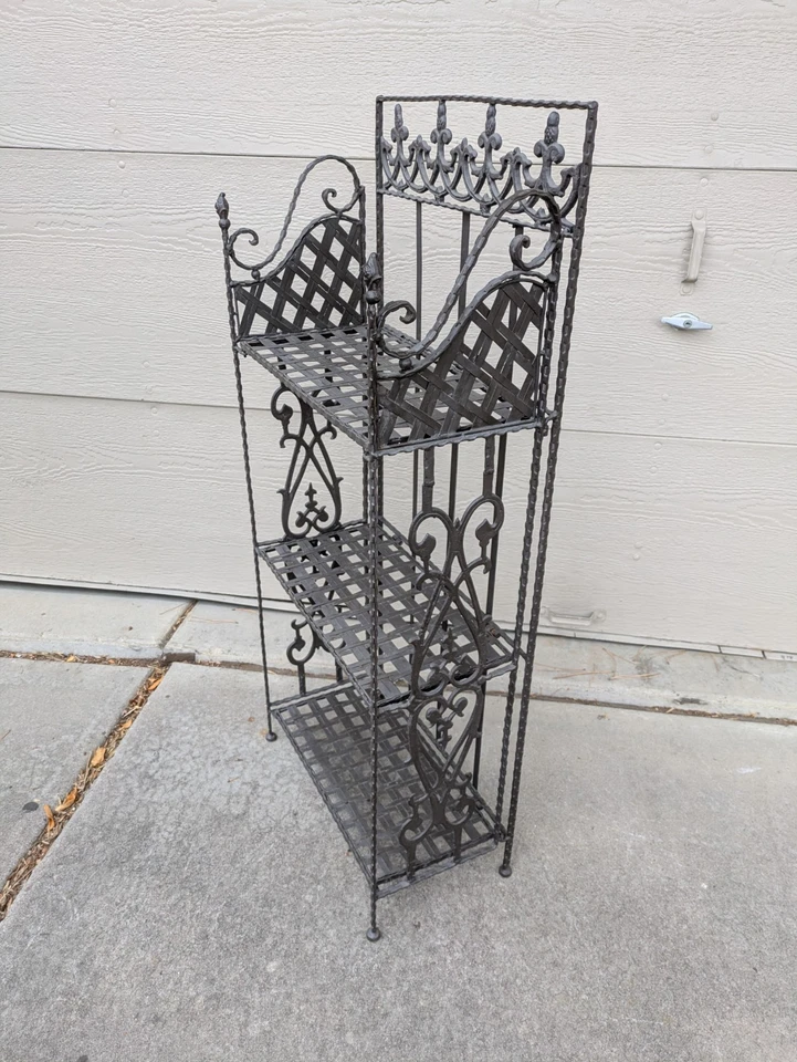 Vintage Rustic Wrought Iron Metal Folding Book Shelf Bakers Rack Etagere Stand - Image 3 of 4