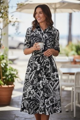 Lauren Ralph Lauren Linen Tie Front Shirt Dress Womens 8 Tropical Floral  Black | eBay