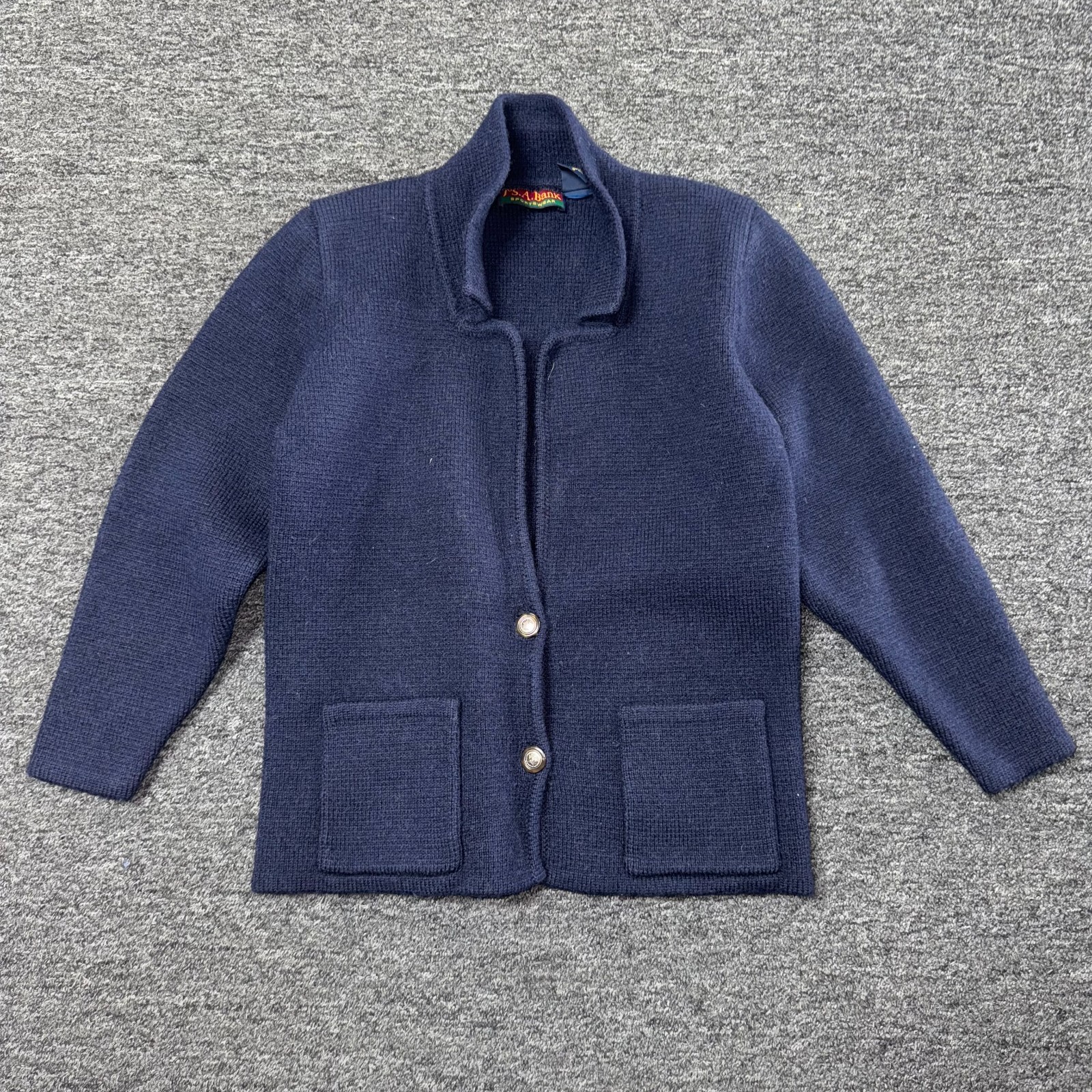 Vintage 90s Jos A Bank Wool Knit Cardigan Coat Sweater - Womens Size S Blue