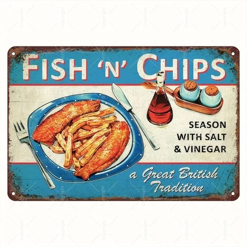 Vintage Fish n Chips Tin Metal Sign Retro British Kitchen Wall Art 8x12