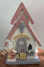 Decorative Wood Church Cottage w/ Bunnies Cross Whimsical 10x6 In