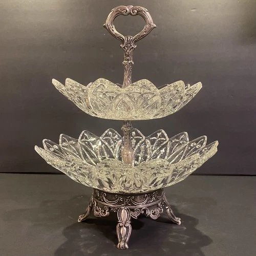 Vintage Federal Glass  2 Tiered Serving Tray 13 H x 10 W Petal Pattern