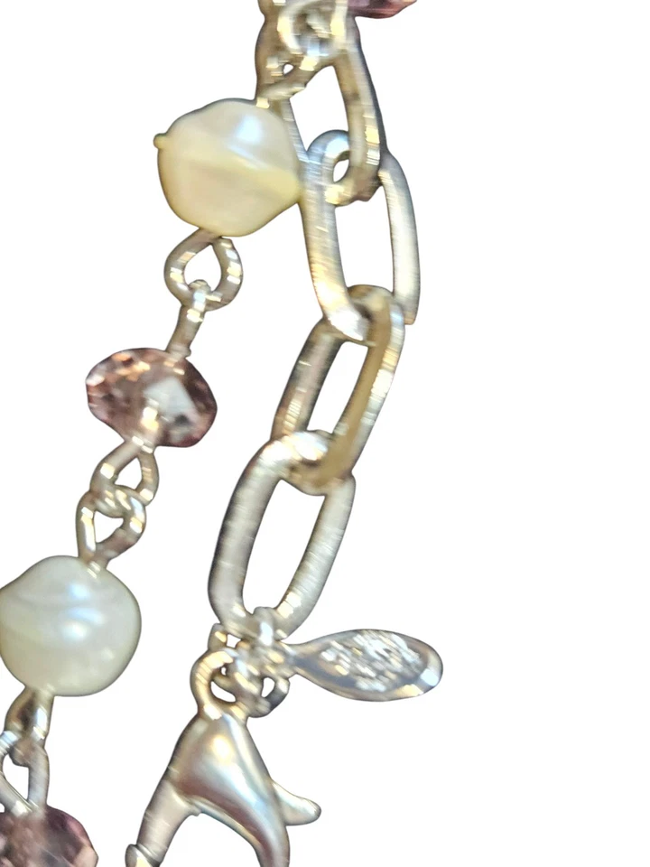 Collar Largo Premier Tono Plateado Blanco Perla Rosa Cristal Cuentas Con Borlas... Foto 4 de 4